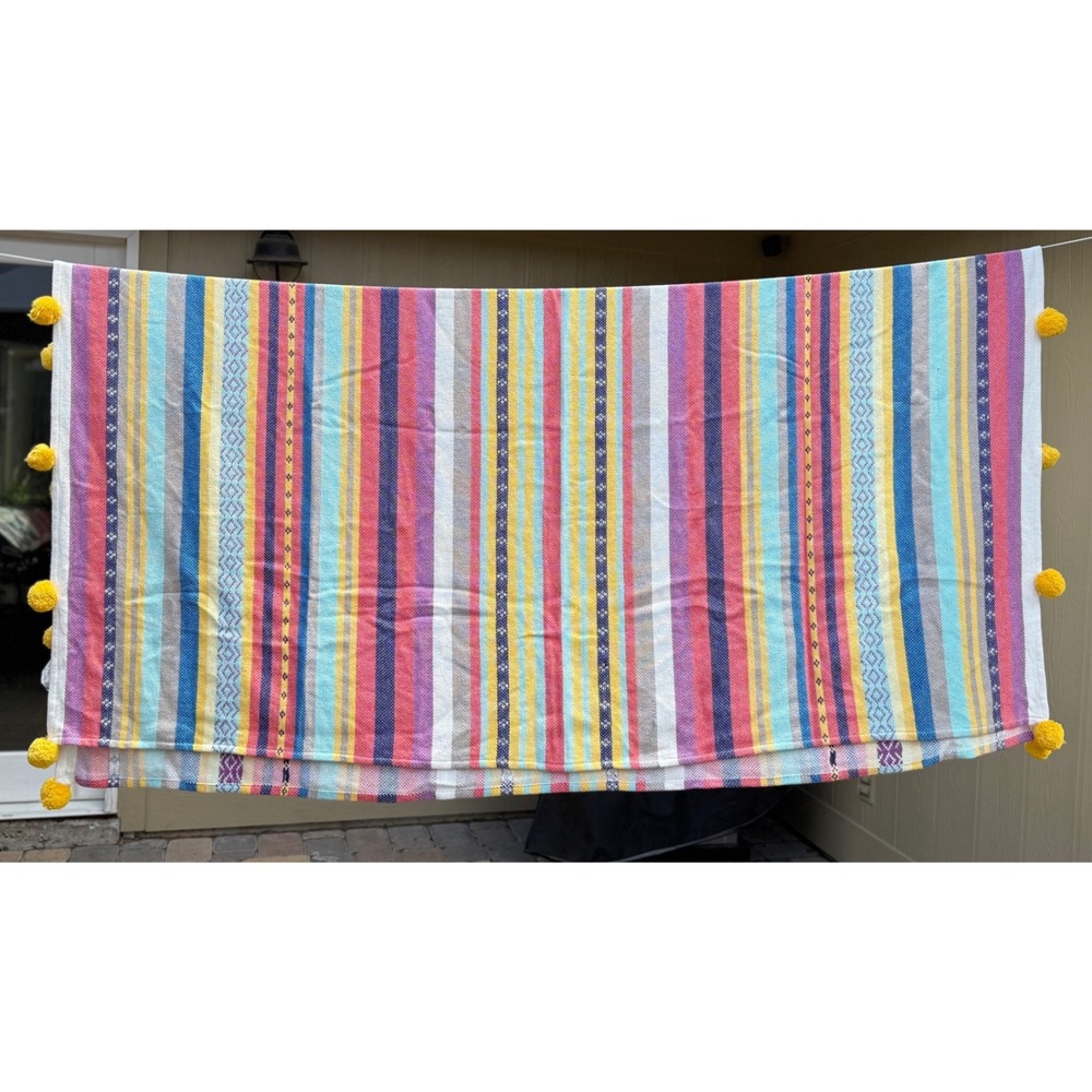 Opalhouse Throw Blanket 70x70 Multi-Color Striped Pom-Pom Trim Boho Cotton